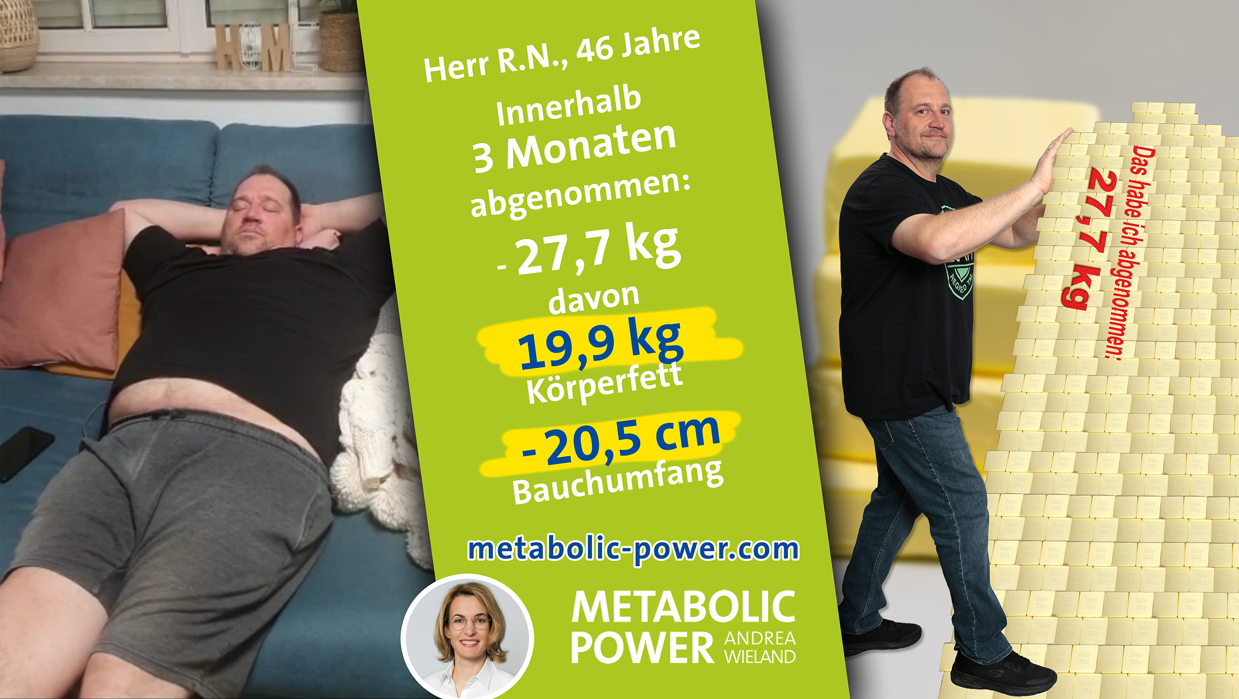 Herr R.N., 46 Jahre in 3 Monaten: - 27,7 kg, davon 19,7 kg Körperfett -20,5 Bauchumfang
